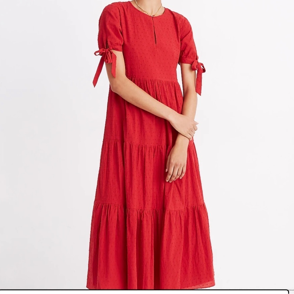 Madewell XL tiered tie sleeve Swiss dot dress.